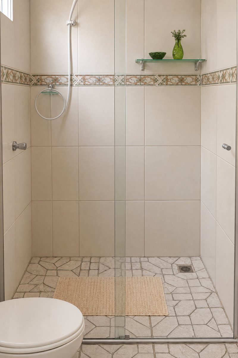 Banheiro com box de vidro e piso claro