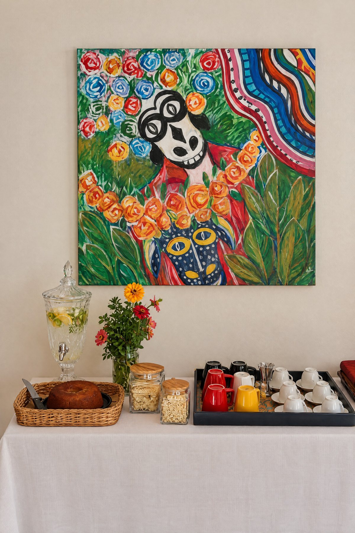 Aparador com café, xícaras e frutas, sob um quadro colorido