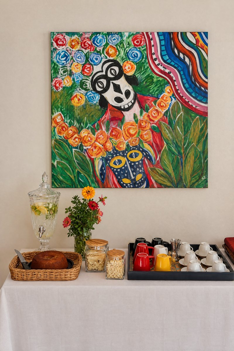 Aparador com café, xícaras e frutas, sob um quadro colorido