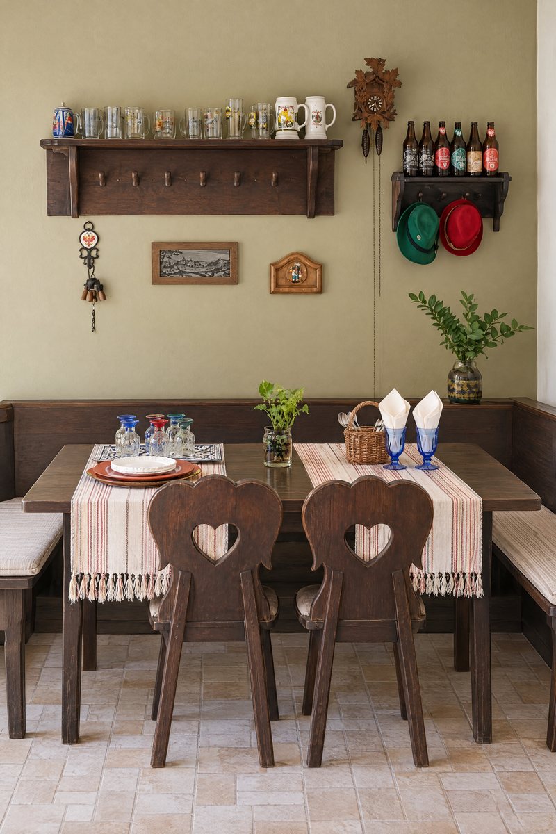 Mesa de jantar de madeira com bancos, no estilo alemão