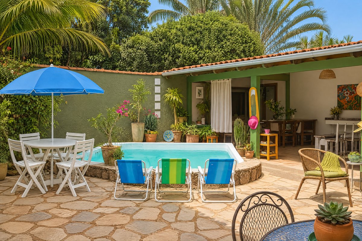 Piscina da hospedaria com guarda-sol, mesa e a varanda coberta ao fundo
