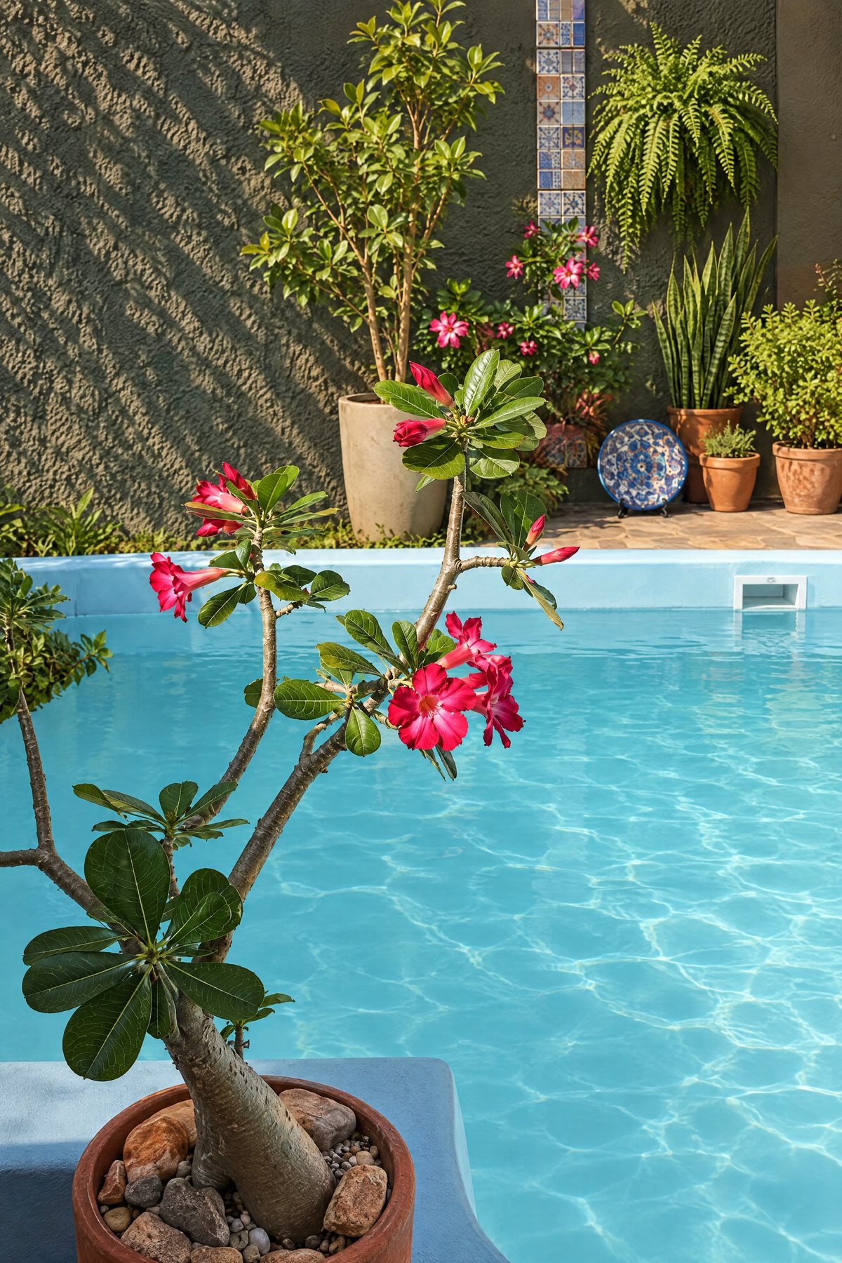 Piscina com plantas floridas em primeiro plano