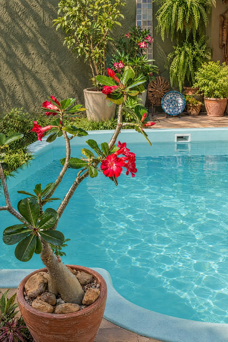 Borda da piscina com vasos de flores vermelhas
