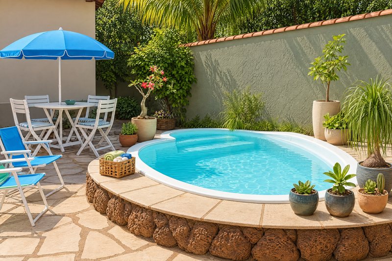 Piscina privativa em deck de pedra, com guarda-sol azul e mesa de jardim