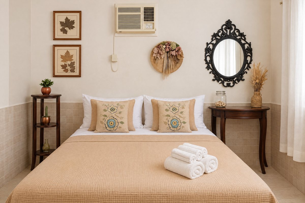 Quarto de casal com cama king, ar-condicionado e espelho
