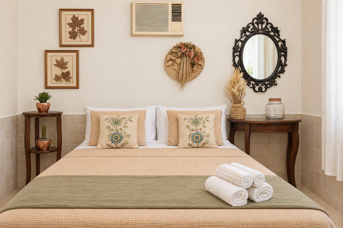 Quarto de casal com toalhas dobradas sobre a cama