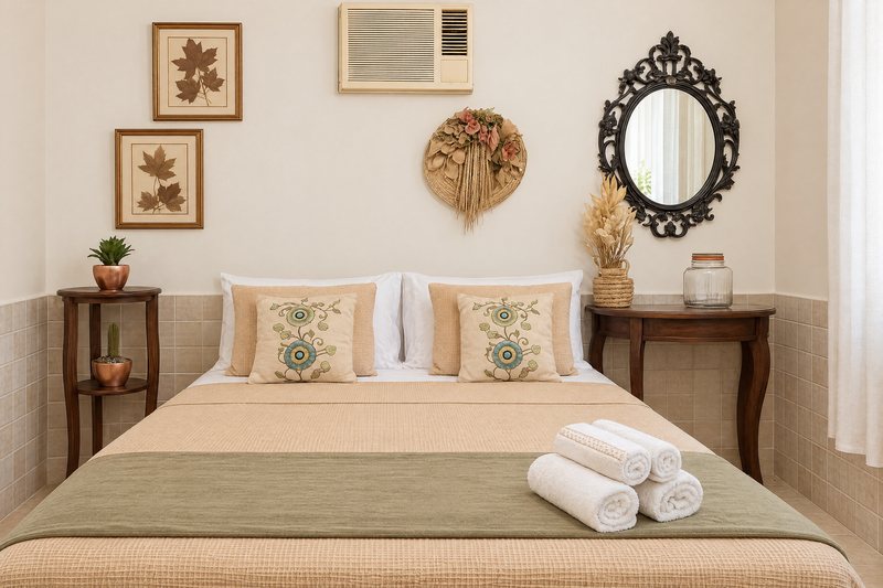 Quarto de casal com toalhas dobradas sobre a cama