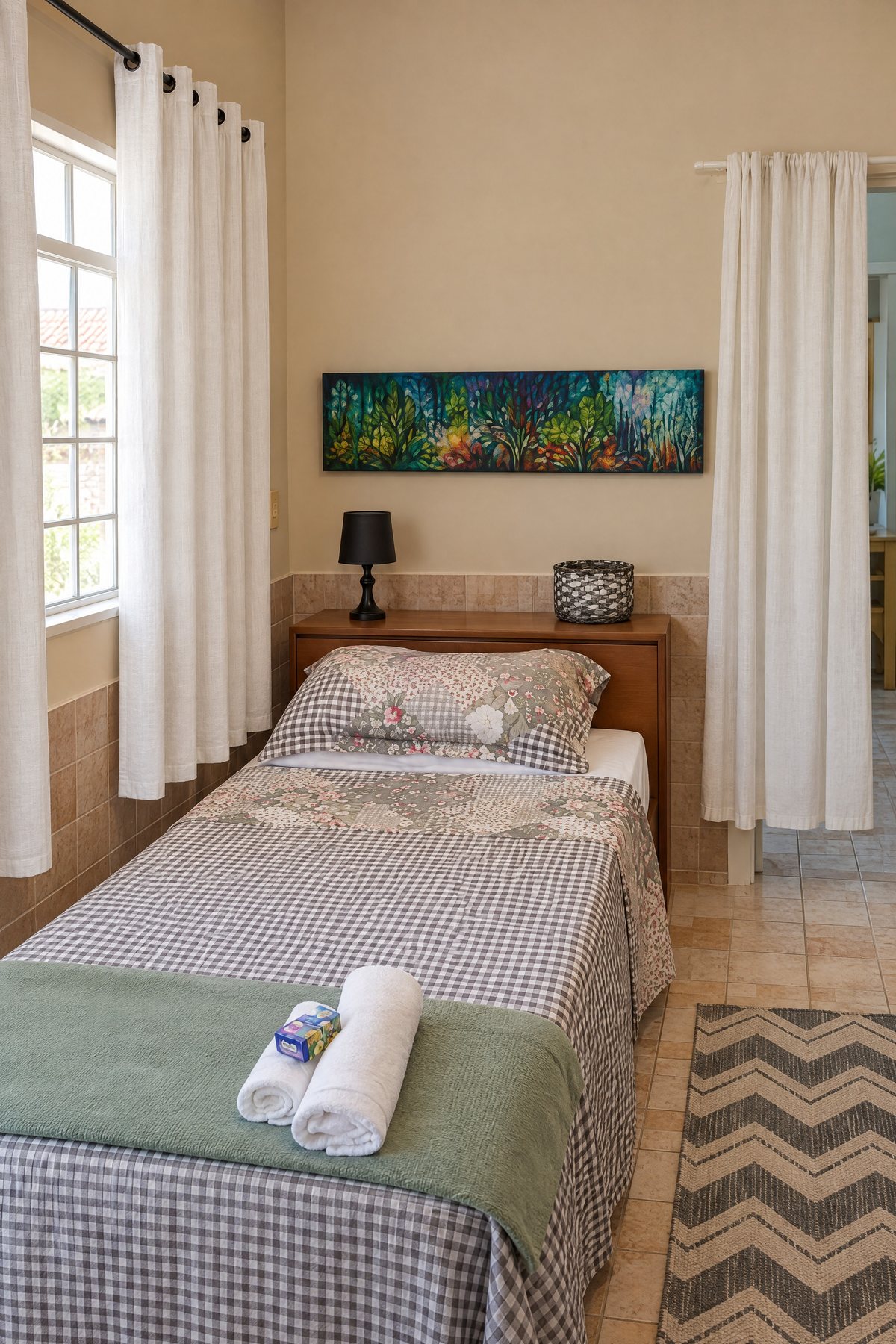 Quarto com cama de solteiro, tapete e quadros
