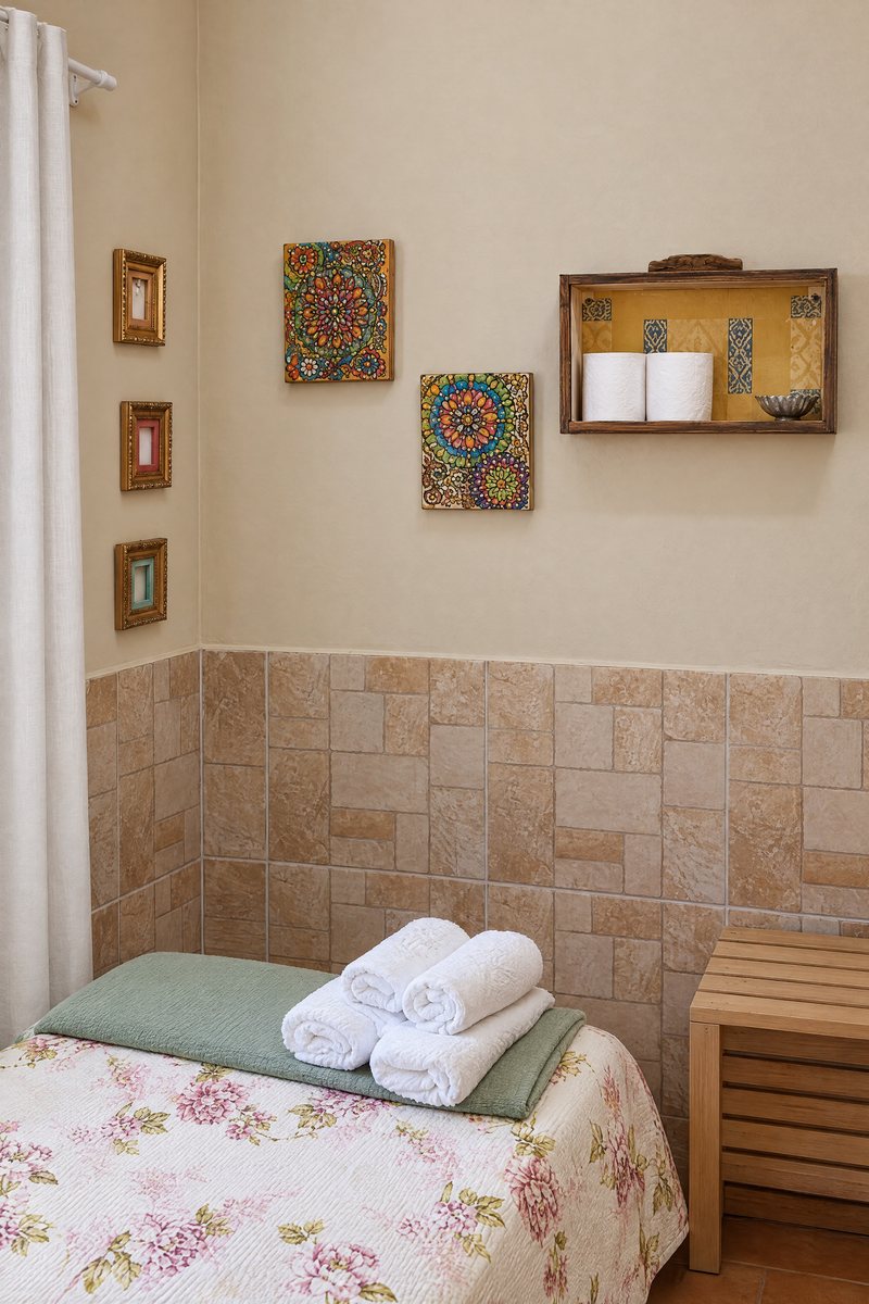 Cama arrumada com toalhas dobradas e quadros na parede