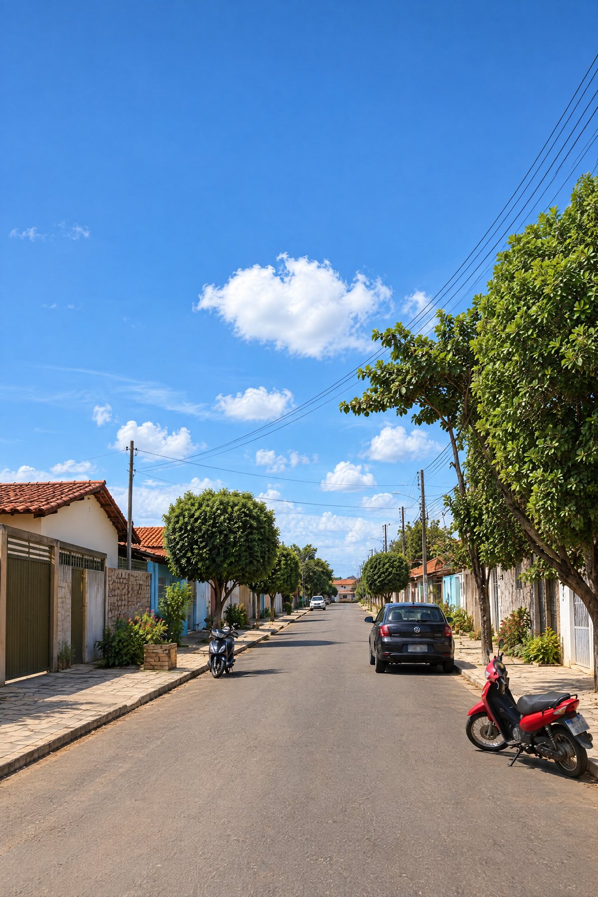 Rua arborizada do bairro, com céu azul