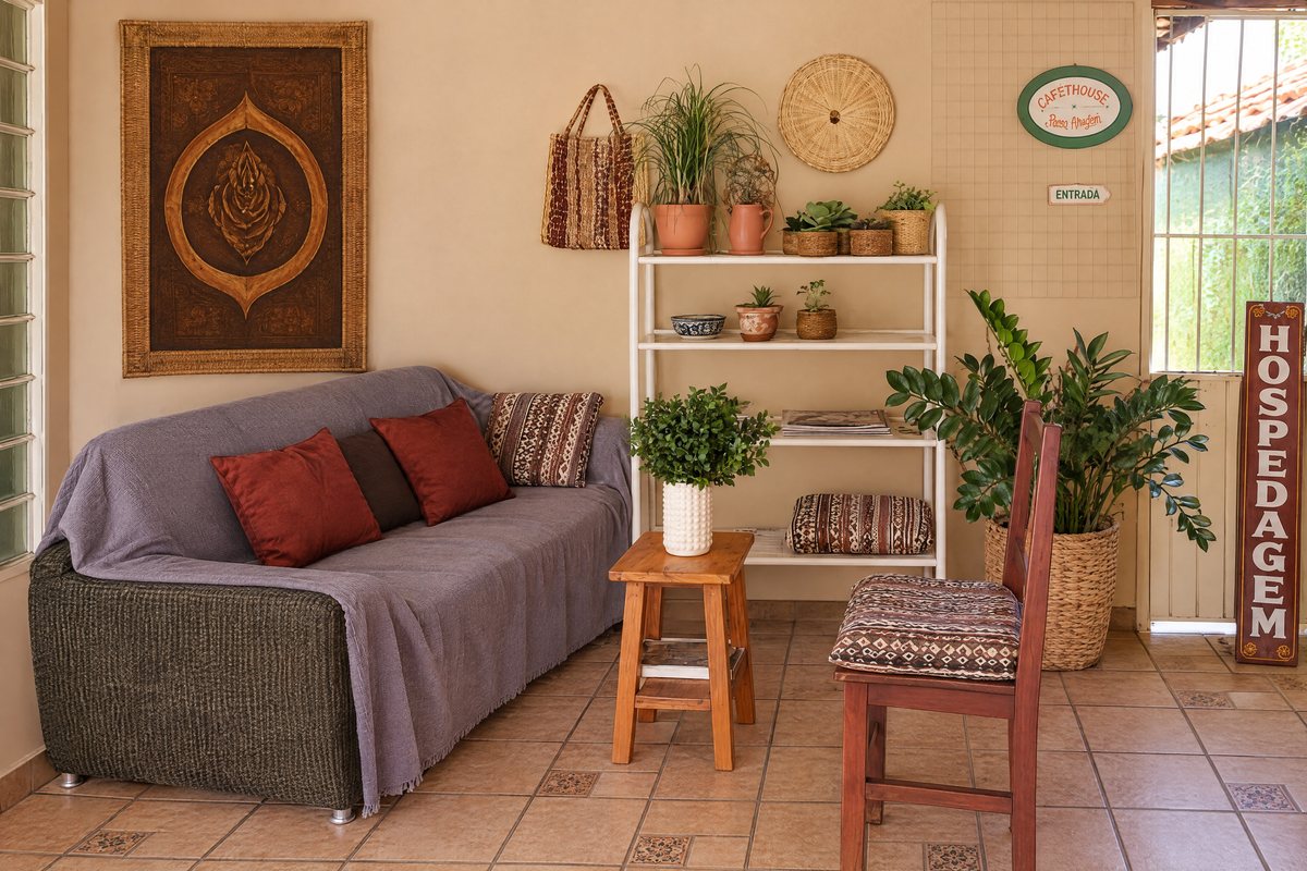 Canto de estar com sofá, plantas e estante de madeira